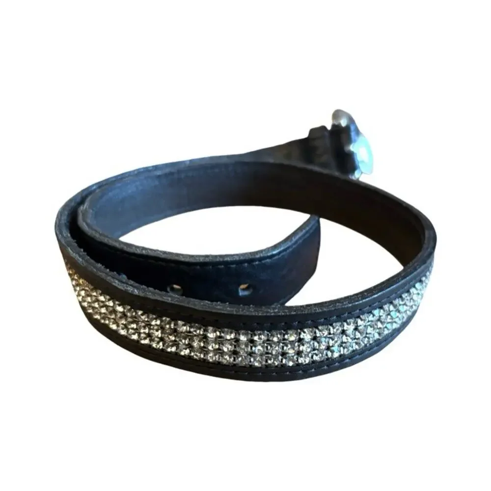 Western Rhinestone Belt Italian Leather Size XS Silver Black Boho Vintage